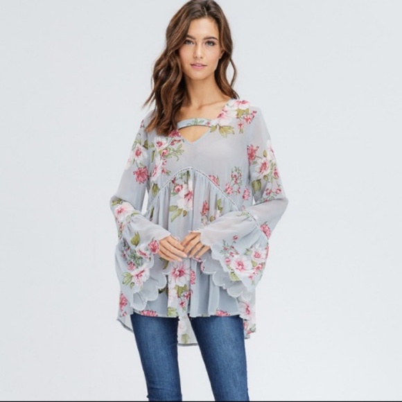 Crescent Tops - FLORAL CHIFFON SCALLOPED TOP